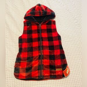 Teddy the Dog Ladies reversable fuzzy fleece hooded zipper vest. Buffalo plaid